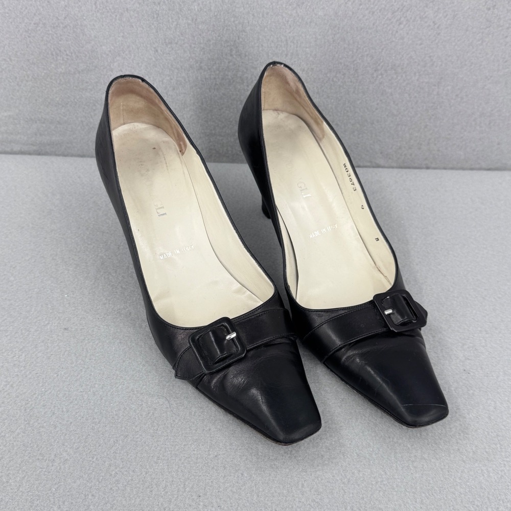 Magli Pumps Womens 9 Black Leather Square Toe Buckle Italian Heels W03673